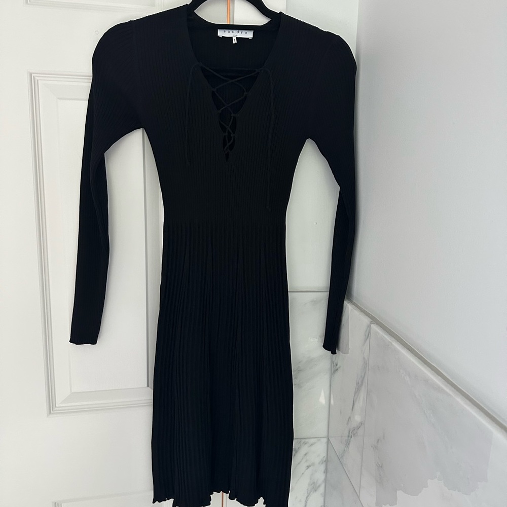 Sandro Black Ribbed Knit Dress with Lacing Detail - Picture 4 of 7